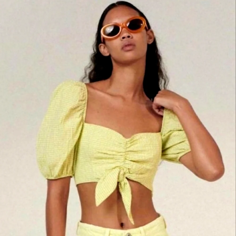 💕 Zara NEW Lime Yellow Gingham Plaid Crop Bubble Sleeves Checkered Knot Zipper - Picture 1 of 15